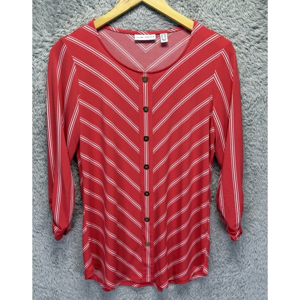Susan Graver XXS Liquid Knit Top Red White Striped Gold Button Rouched Slv